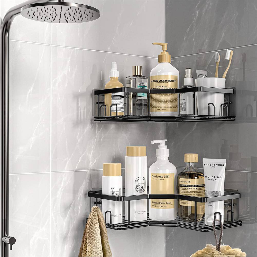 Cubilan Wall Mount Adhesive Stainless Steel Corner Shower Caddy Organizer Shelf with 8 hooks in Matte Black 2-Pack HD-36P