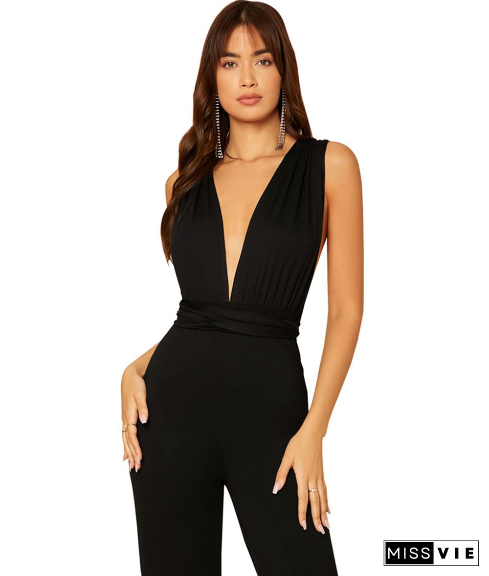 Solid Color Sleeveless Crisscross Back Straight Jumpsuit