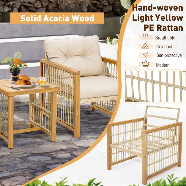 Costway 3pcs Patio Pe Wicker Conversation Set Acacia Wood Frame Withseat amp Back Cushions