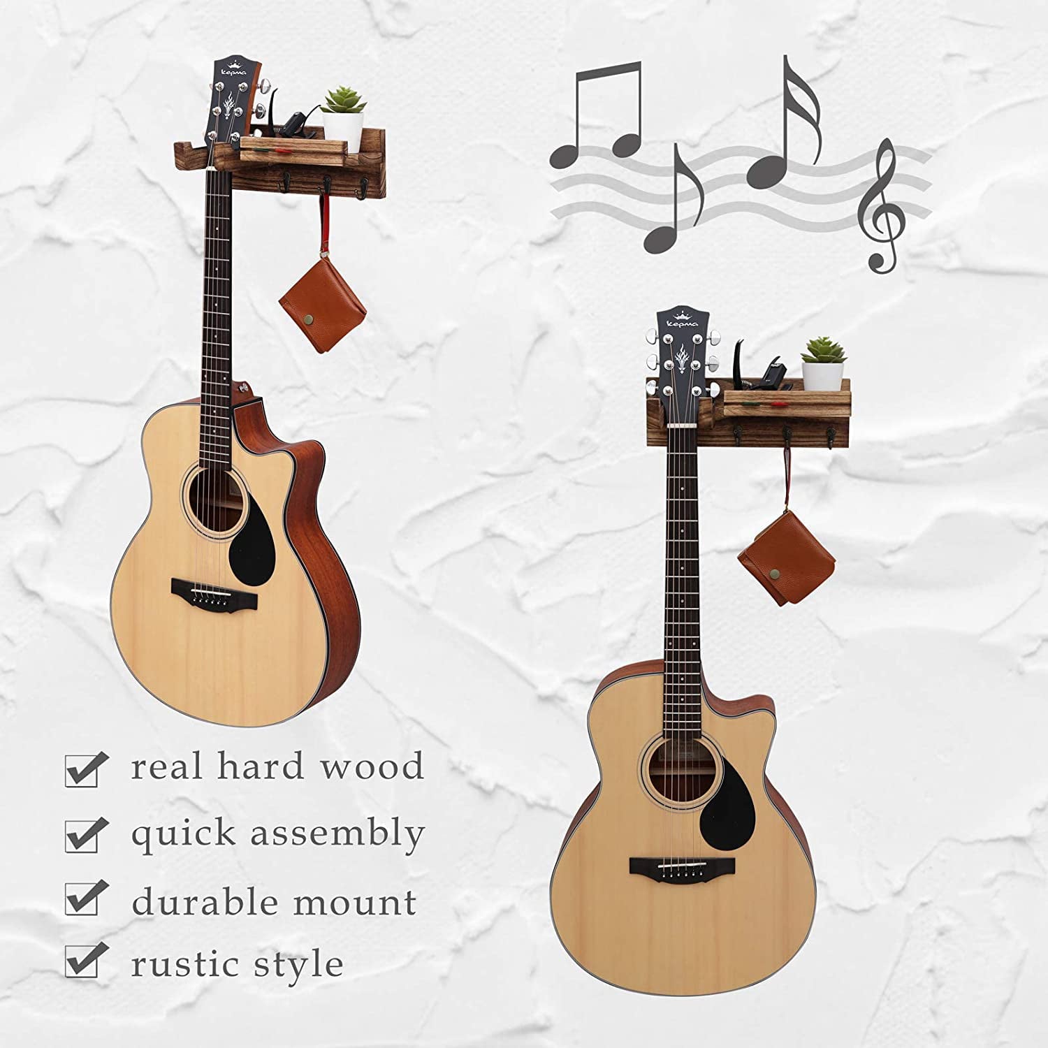 WELLAND Guitar Wood Wall Hanger with Storage Shelf， Hanging Rack for Electric Guitar， Acoustic Guitar， Bass Guitar， Guitar Accessories