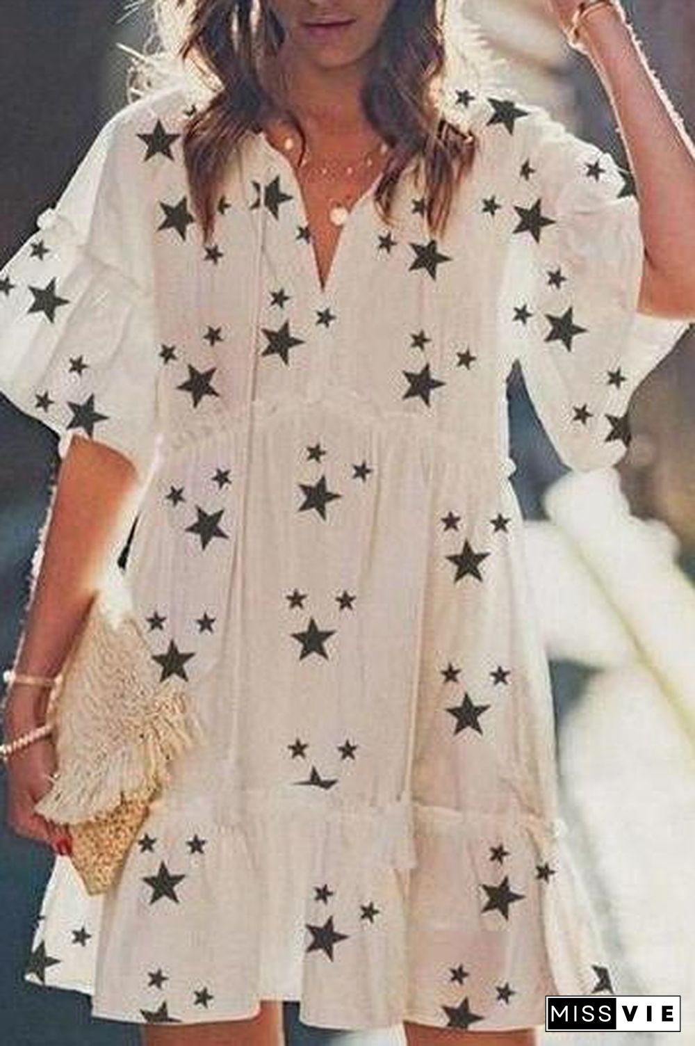 Sweet Star Print V-Neck Tassel Dress