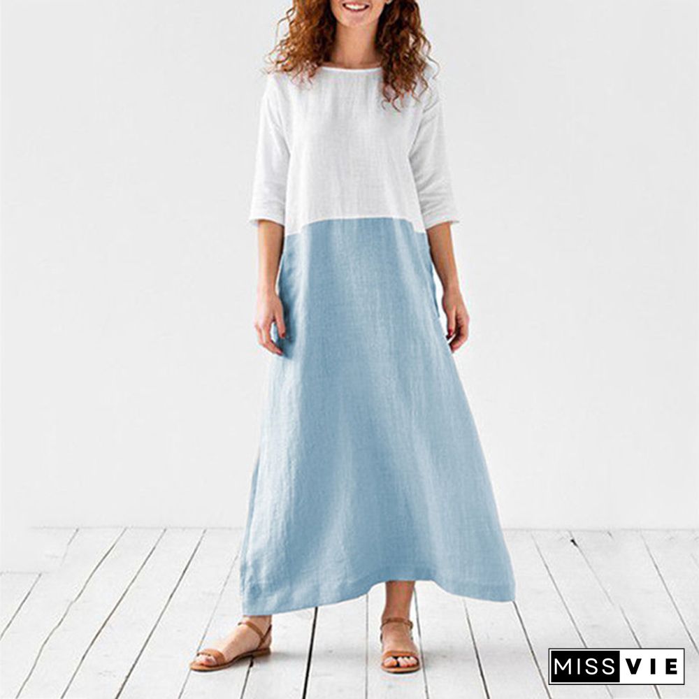 Loose Solid Cotton Linen Patchwork Dress Round Neck Seven Sleeve Skirt