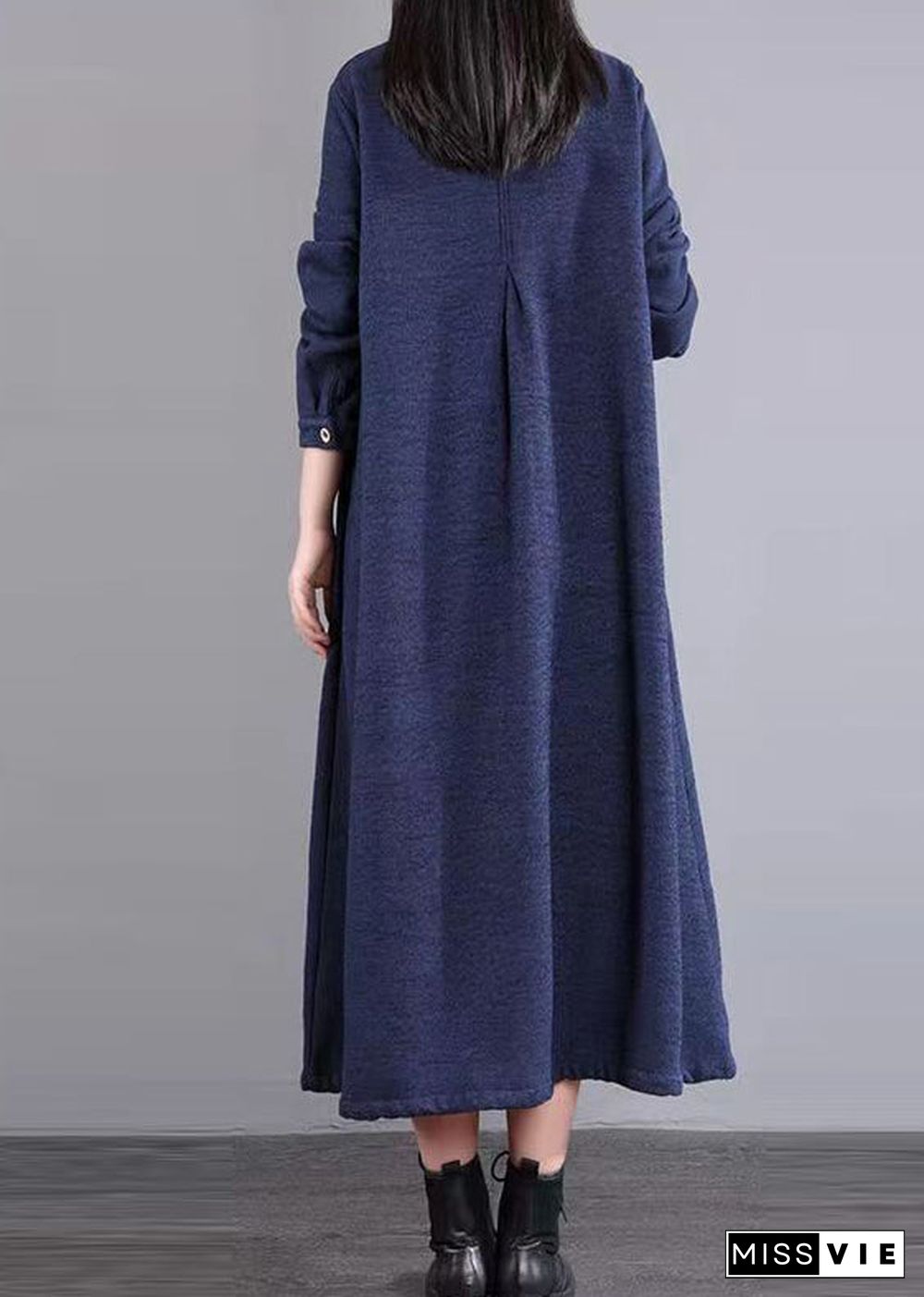 Casual Navy Peter Pan Collar Patchwork Warm Fleece Long Dress Winter