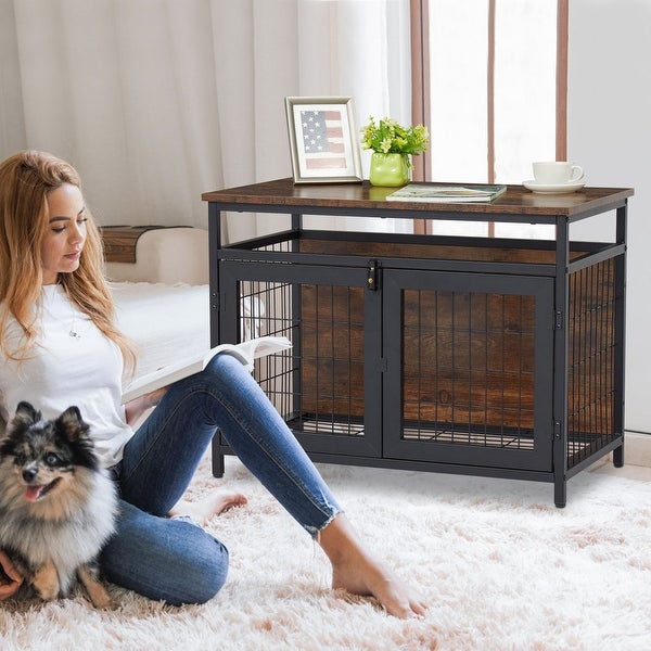 Dog Crate Furniture with Double Doors， Wooden Dog Crate， Indoor Dog Kennel w/ Metal Wire Mesh， Pet Crate End Table