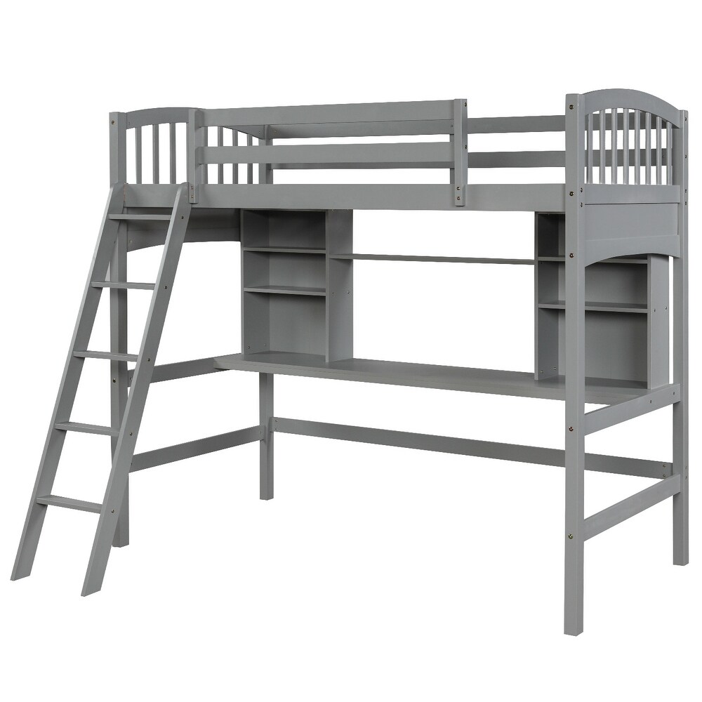 Multifunctional Design Twin size Loft Bed with Storage Shelves  Desk and Ladder