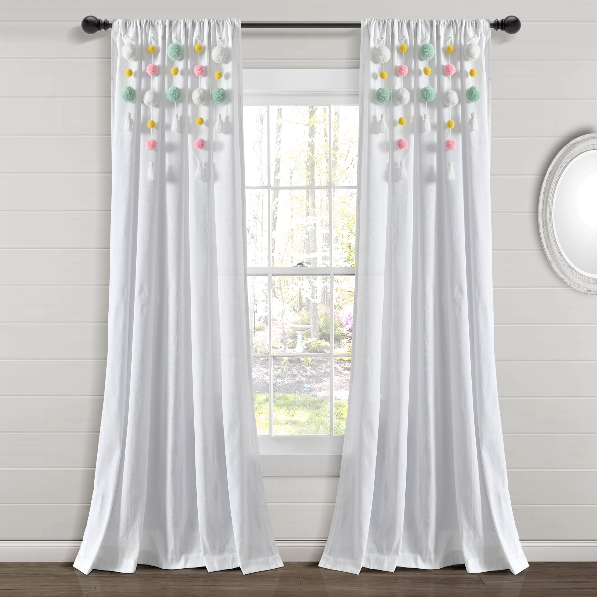 Boho Pom Pom Tassel Faux Linen Window Curtain Panel