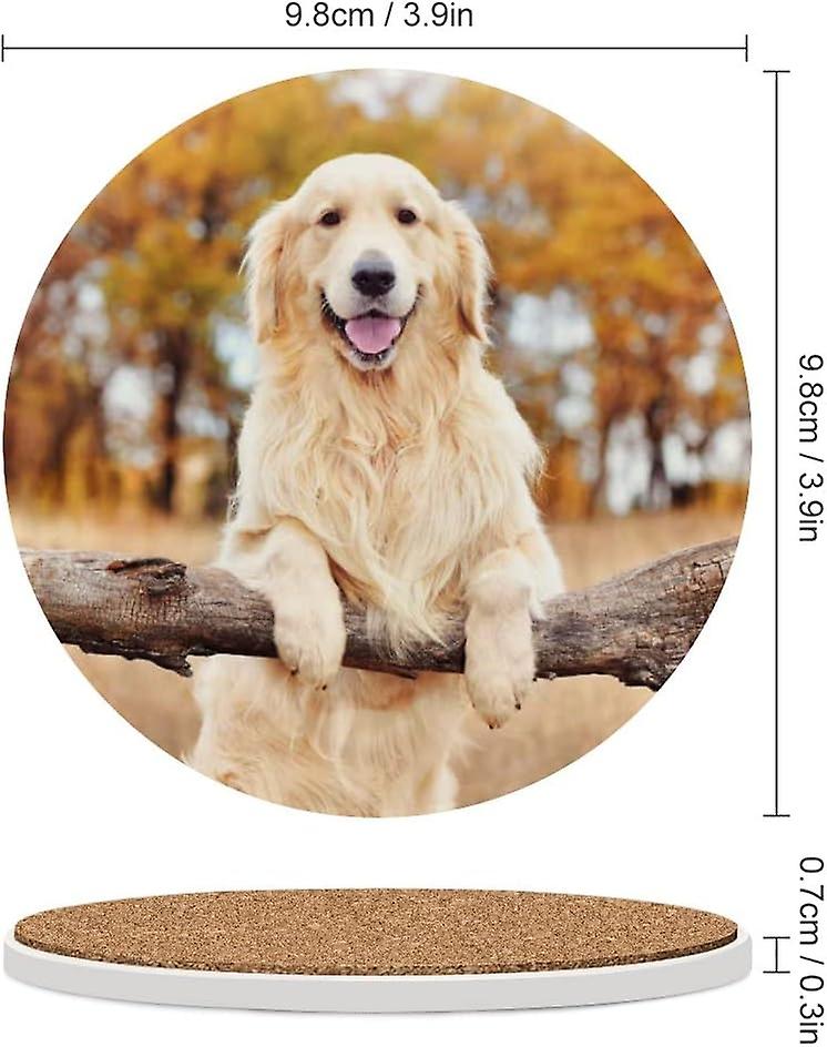 1pc Round Golden Retriever Standing By A Rural Fence Ceramic Coasters With Cork-backed For Coffee Drink Cup Mat Absorbent Stone Coasters