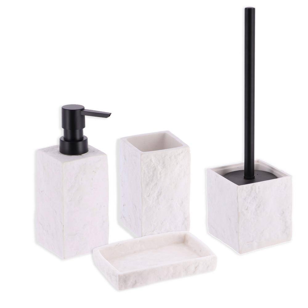 Stone 4-Pieces Bath Accessory Set with Soap Pump Tumbler Soap Dish and Toilet Brush Holder in Polyresin White SET4STONE100