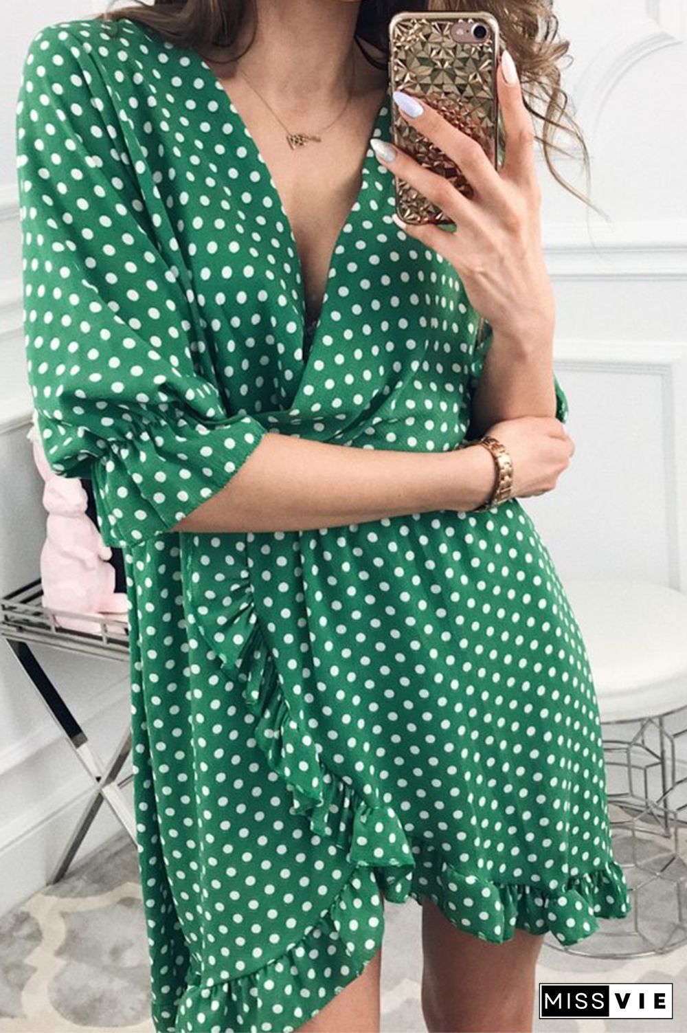 Polka Dot Ruffle Irregular Hem Midi Dress