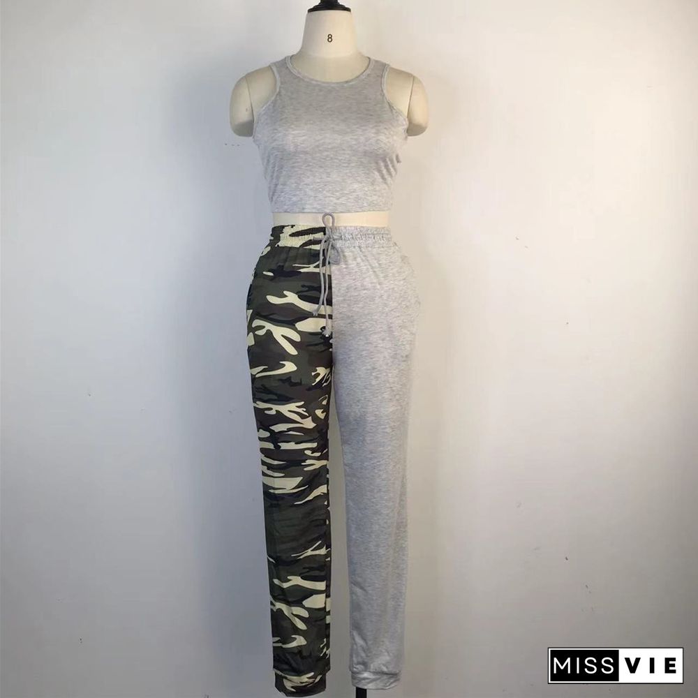 Crop Tank Top And Camouflage Print Pants Outfits