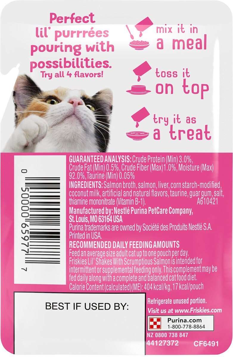 Friskies Pureed Topper Lil’ Shakes With Scrumptious Salmon Cat Food， 1.55-oz bag， Case of 16