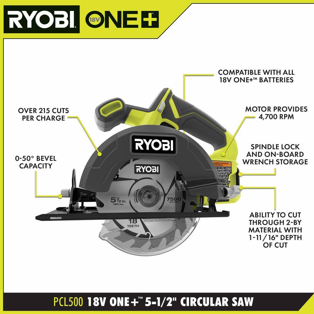 RYOBI ONE+ 18V Cordless 5-12 in. Circular Saw Kit with 4.0 Ah Battery and Charger PCL500K1