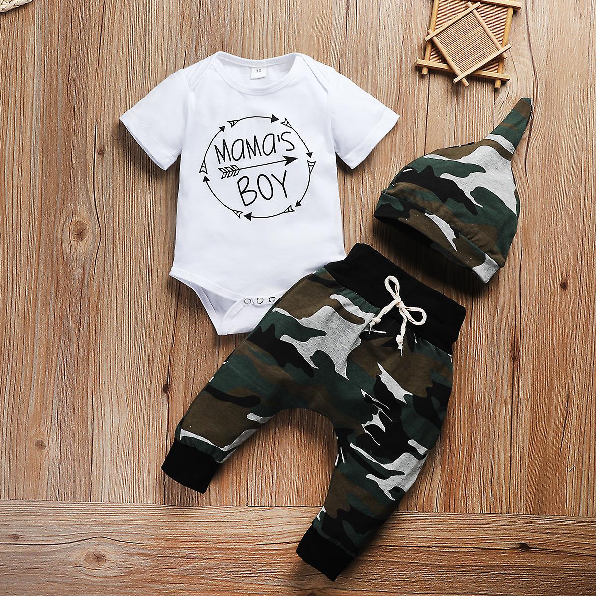 Kids Clothes 3 Pieces Set Newborn Toddler Infant Baby Boy Girl Short Sleeve Romper Camouflage Pants Hat Outfits Rose Red 90cm