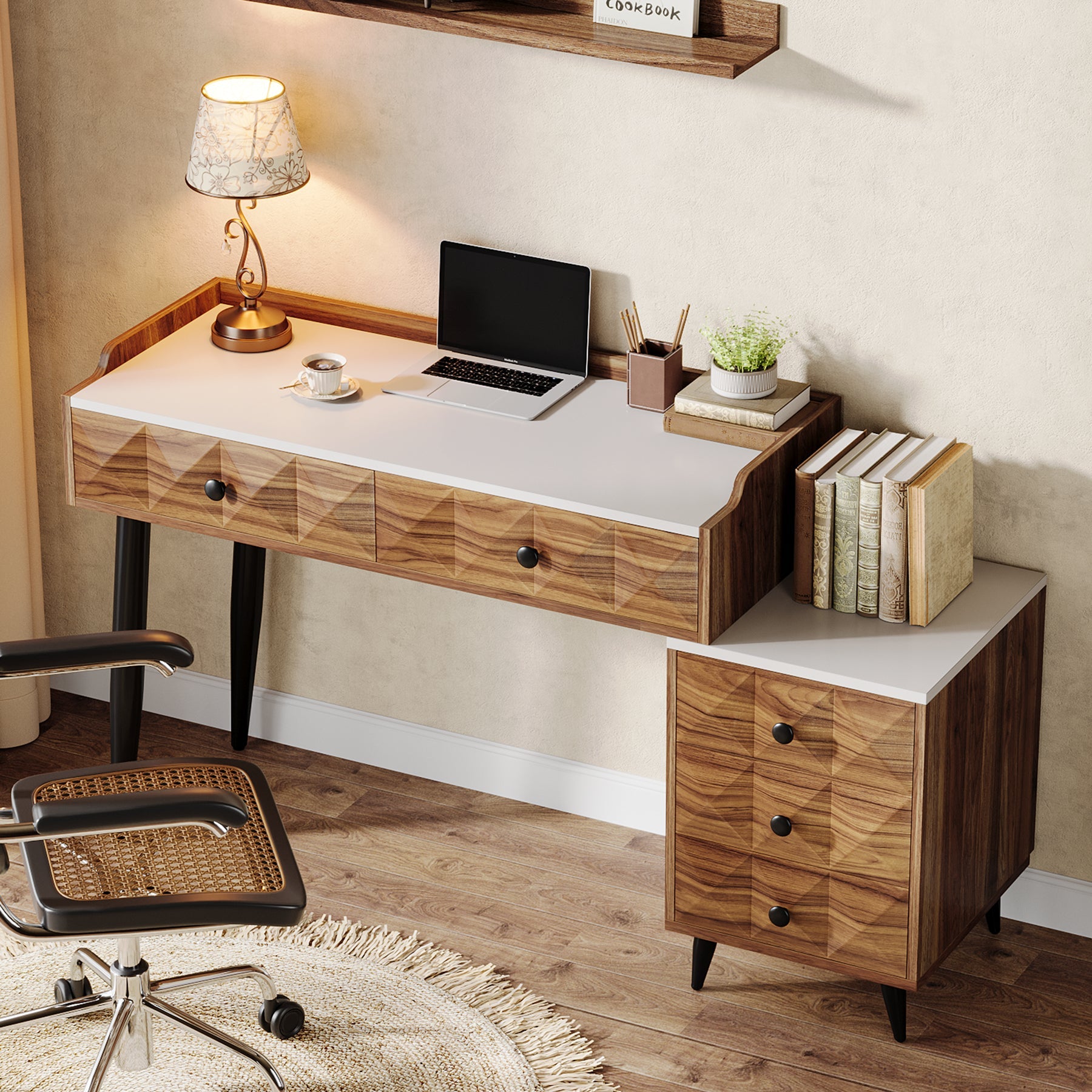 Extendable Computer Desk, Writing Table with Drawer Cabinet Printer Stand