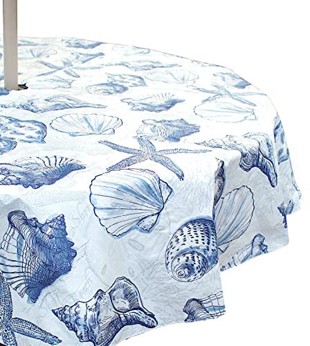 Outdoor Summer Ocean Beach Shells Sketched Coastal Patio Table Umbrella Vinyl Tablecloth, Umbrella Hole with Zipper, Navy Blue White, 70" Inch Diameter Round