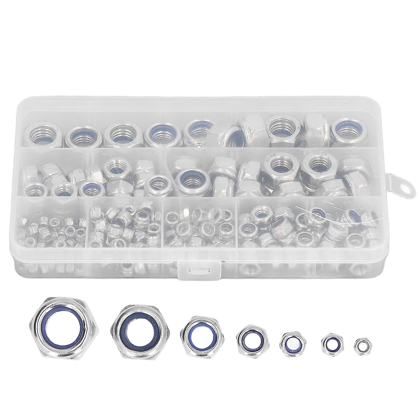 215PCS Hex Lock Nut Nylon Insert Stainless Steel Locking Nut Assortment M3 M4 M5 M6 M8 M10 M12