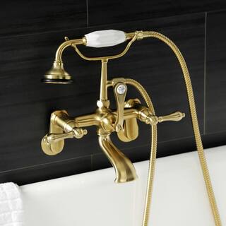 Kingston Brass Aqua Vintage 3-Handle Wall-Mount Clawfoot Tub Faucets with Hand Shower in Brushed Brass HAE51T7