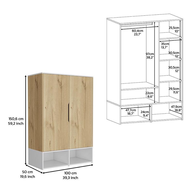 DEPOT E-SHOP Bambo Armoire， Double Door Cabinets， Five Shelves， Hanging Rod，Light Oak / White