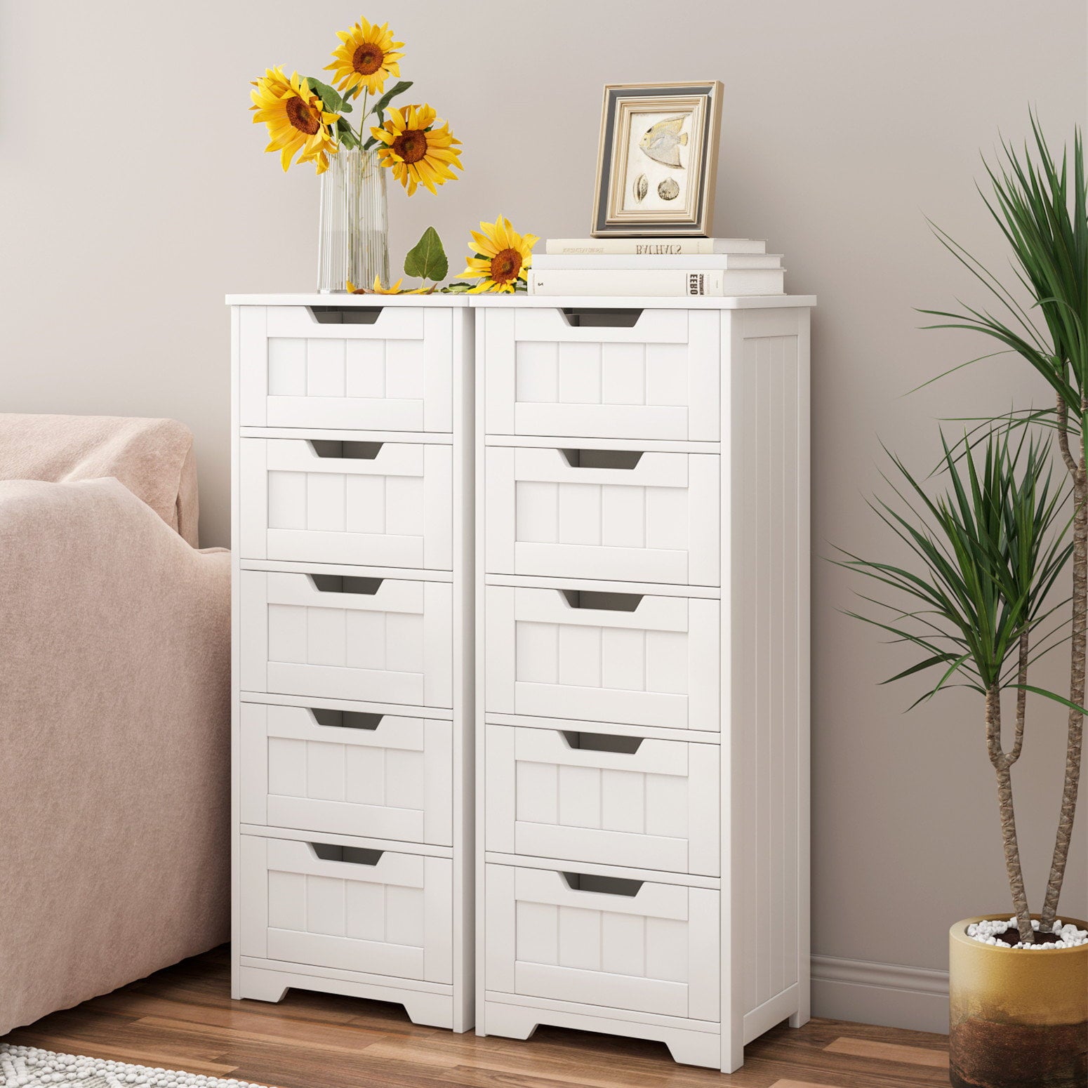 Homfa Bedroom Dresser with 5 Drawers, Wooden Bathroom Linen Cabinet, White Finish