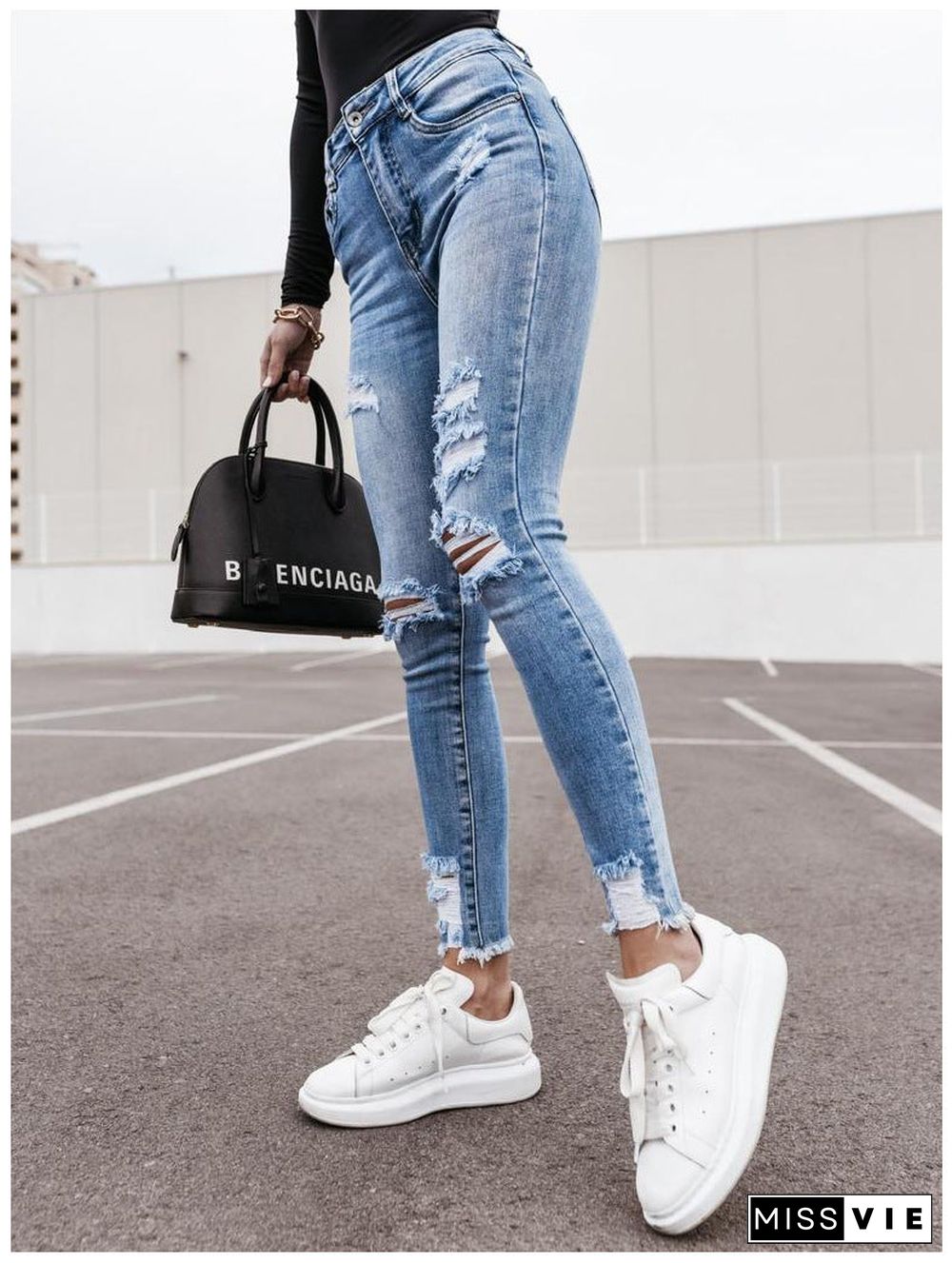 Casual Zip Up Ripped Skinny Destroyed Denim Jean Pants