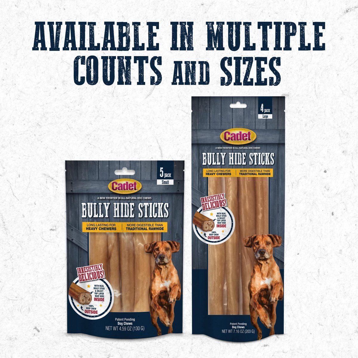 Cadet Bully Hide Sticks All-Natural Chews Dog Treats， Large， 4 count