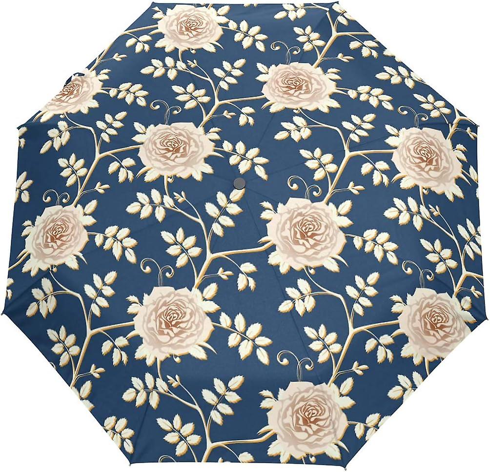 Travel Umbrella Automatic Windproof Foldable Umbrella Flora Roses On Dark Blue