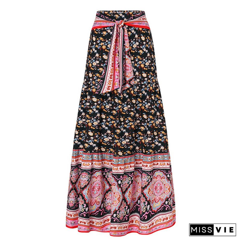 Women Floral Print Long Skirt Bohemian Dress Elastic High Waist Pleated Casual Umbrella Maxi Skirts Plus Size