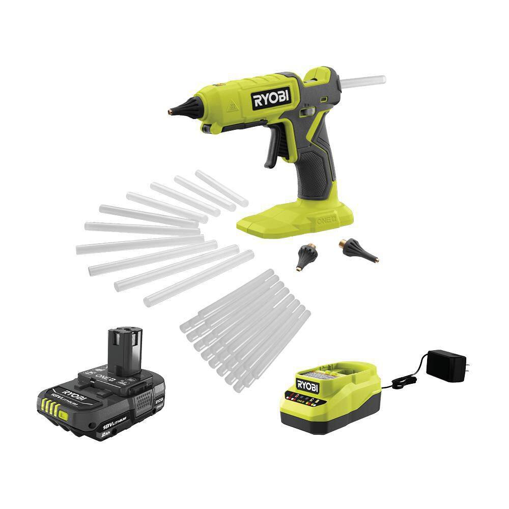 RYOBI ONE+ 18V Cordless Dual Temperature Glue Gun Kit with 2.0 Ah Battery and 18V Charger with FREE Glue Sticks (24-Piece) P307K1N-A1932402