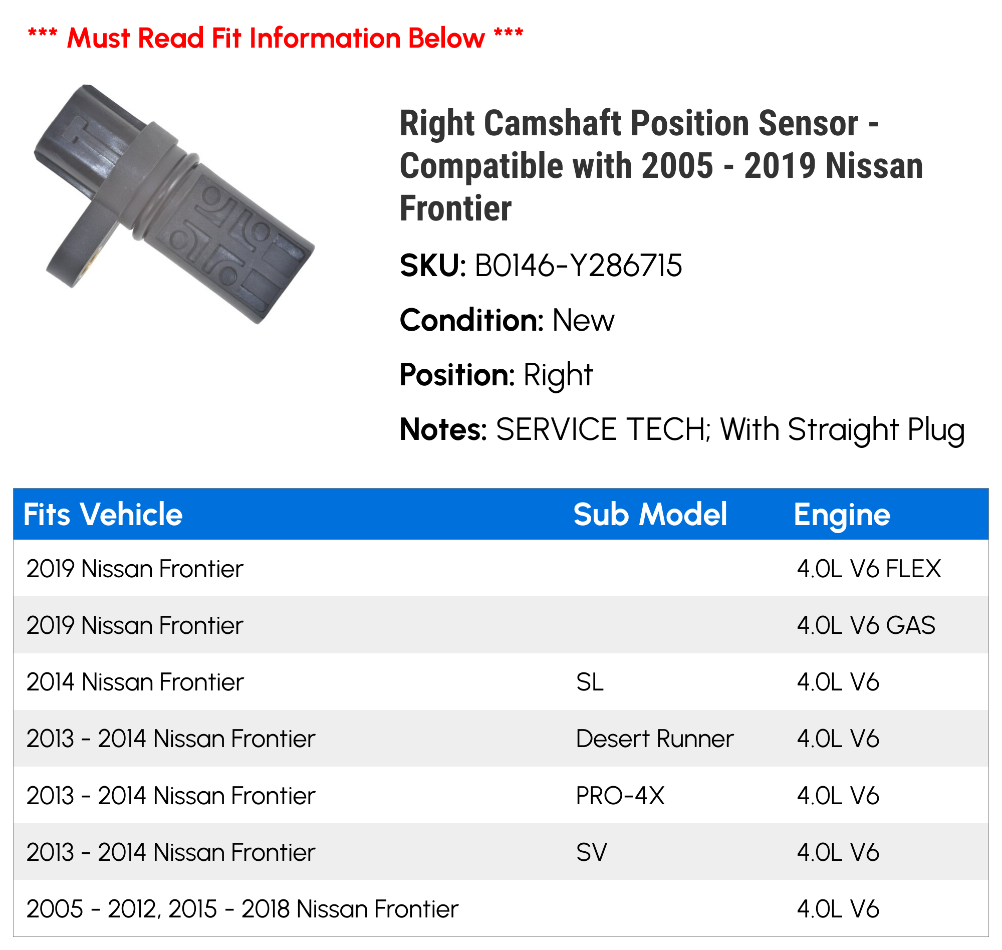 Right Camshaft Position Sensor - Compatible with 2005 - 2019 Nissan Frontier 2006 2007 2008 2009 2010 2011 2012 2013 2014 2015 2016 2017 2018