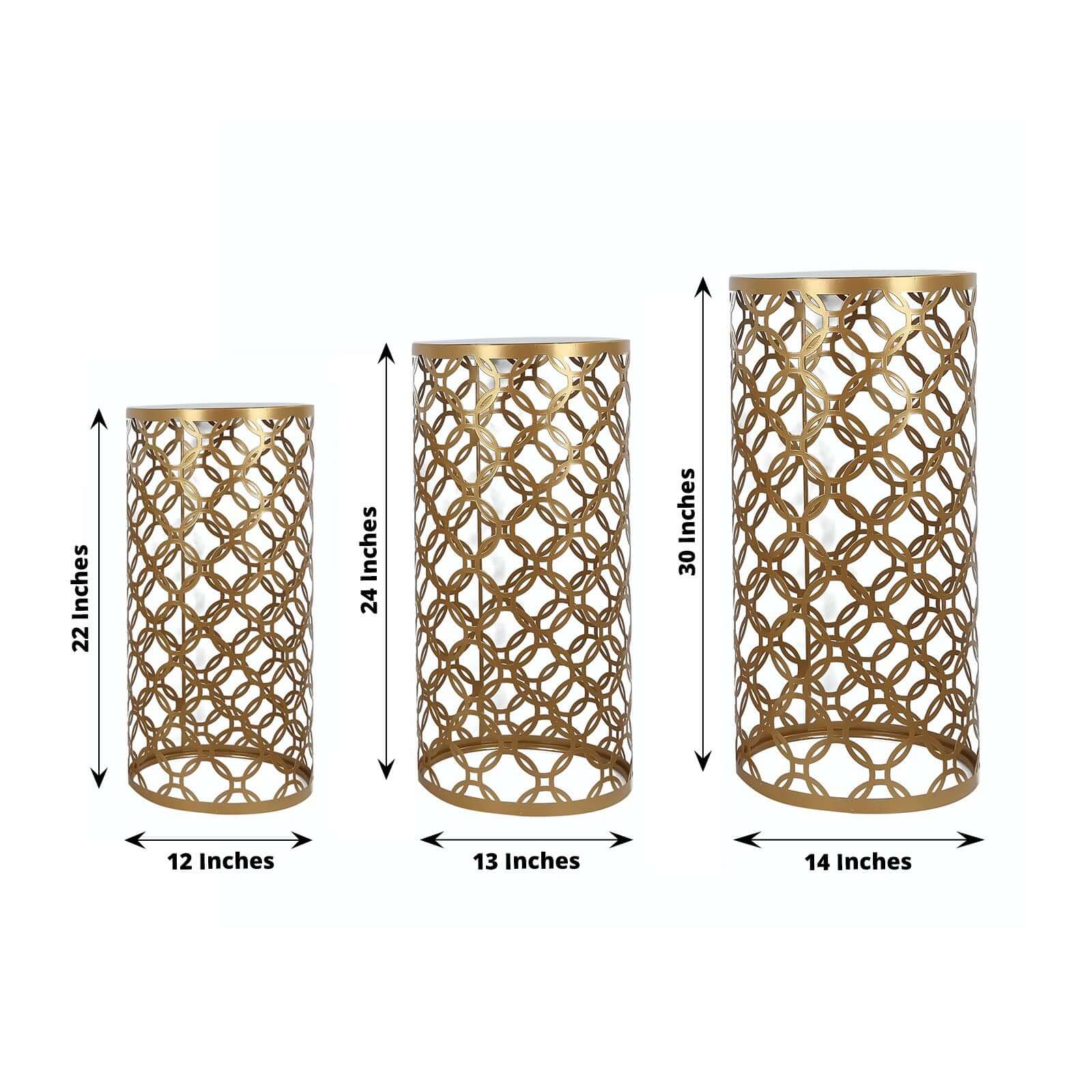 Set of 3 Gold Metal Cylinder Plinth Pedestal Stands, Round Mesh Pillar Cake Display Stand in Hollow Overlapping Circles Pattern - 22