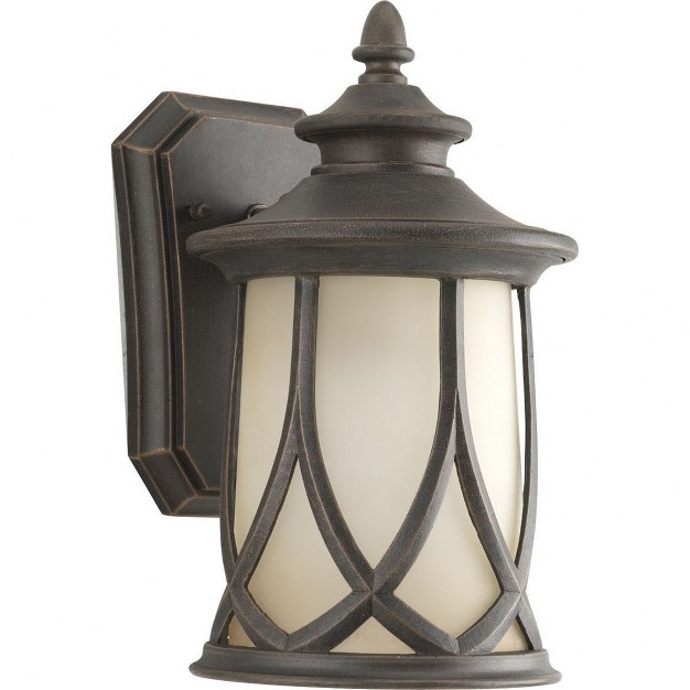 Progress Lighting Resort 1 light Small Wall Lantern In Aged Copper With Umber Tinted Glass Shade