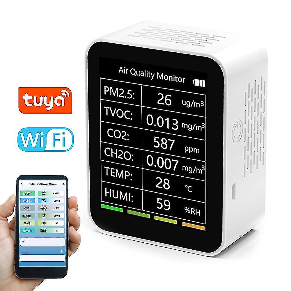 Naiwang Tuya Wifi Air Quality Detector 6 In 1 Detector Pm2.5 Tvoc Co2 Ch2o Temperature Humidity Intelligent Linkage App Remotes Viewing