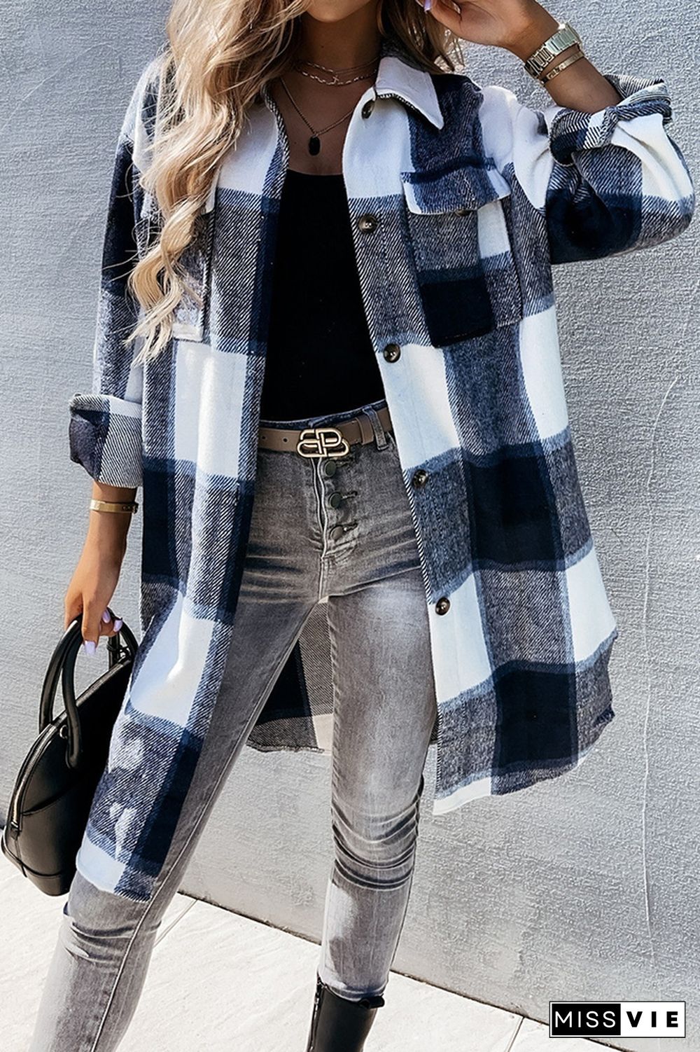 Open Button Pockets Plaid Long Length Jacket