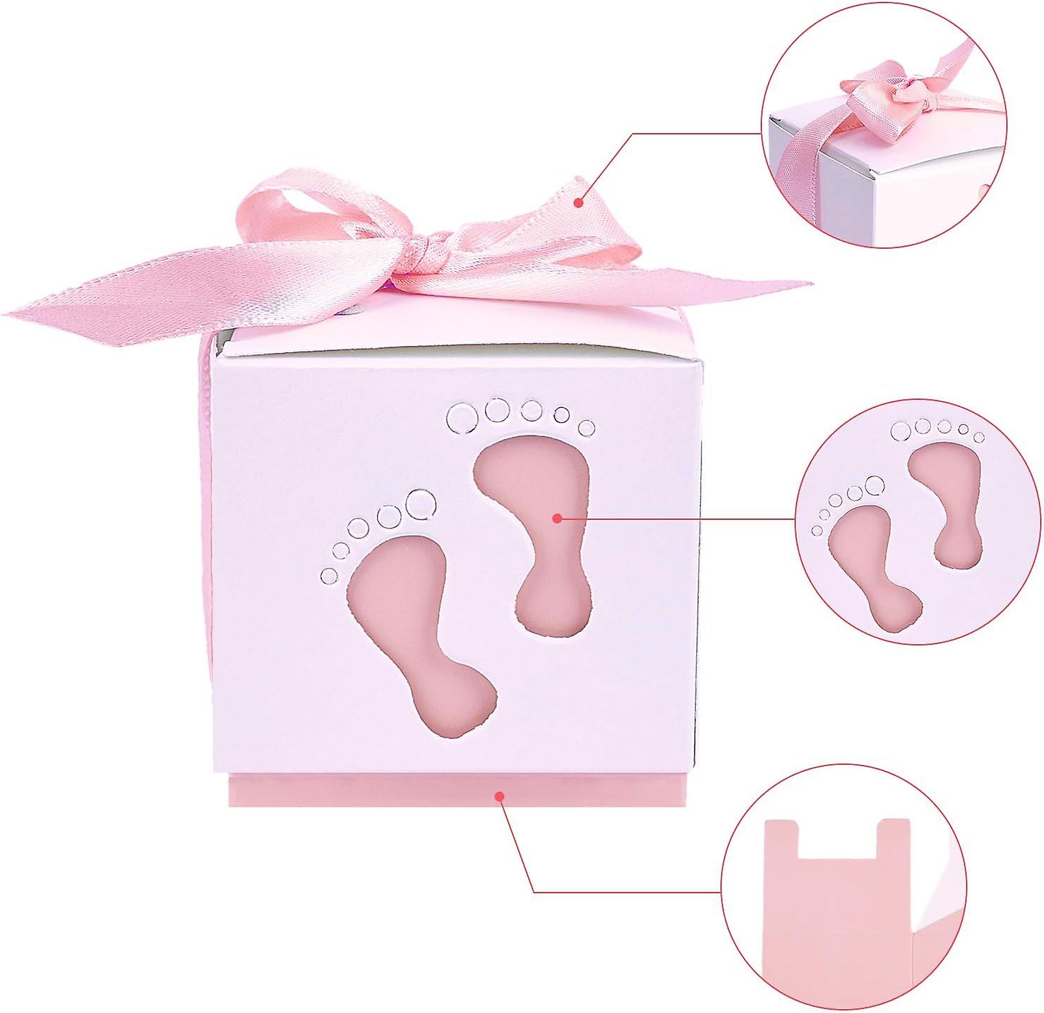 60 Sets Newborn Baby Footprints Candy Boxes， Baby Shower Candy Boxes Folding Boxes Pink Paper Gift Box With Ribbon Birthday Party Gift Favor (2.4 X 2.