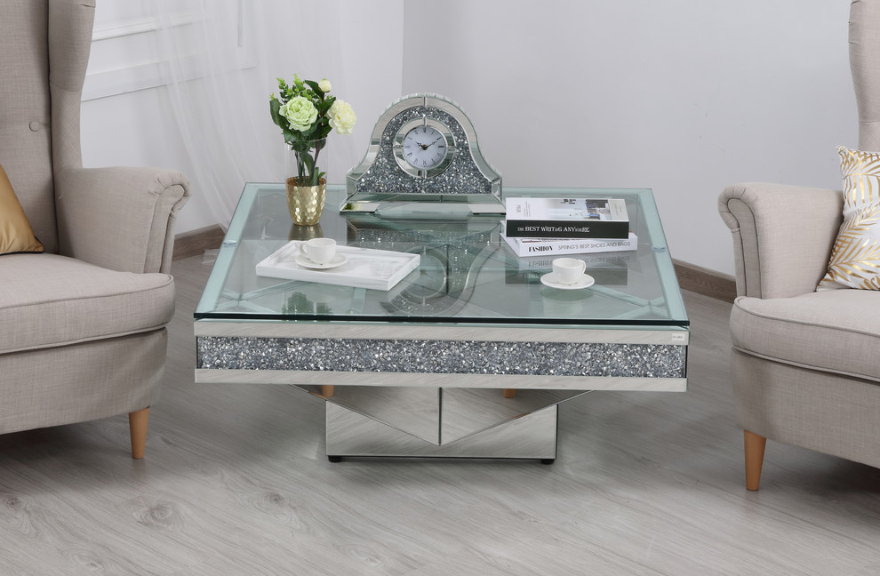 Windsor Crystal Mirrored Coffee Table  Tempered Glass   Contemporary   Coffee Tables   by Elegant Furniture  ampLighting  Houzz