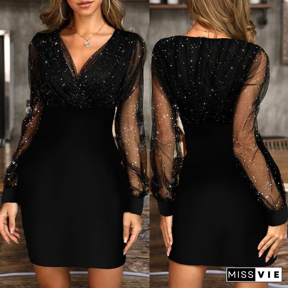 Women Fashion Long Sleeve V-Neck Slim Sequins Sexy Female Dress Black Retro Elegant Party Dress Vestidos