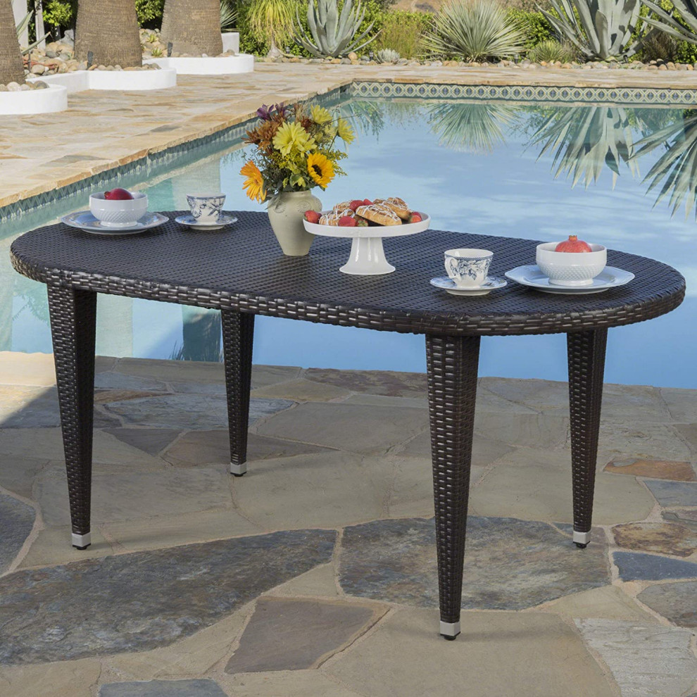 Patio Dining Table  Metal Frame With Wicker Cover  ampOval Shaped Top  Multibrown   Tropical   Outdoor Dining Tables   by Decor Love  Houzz