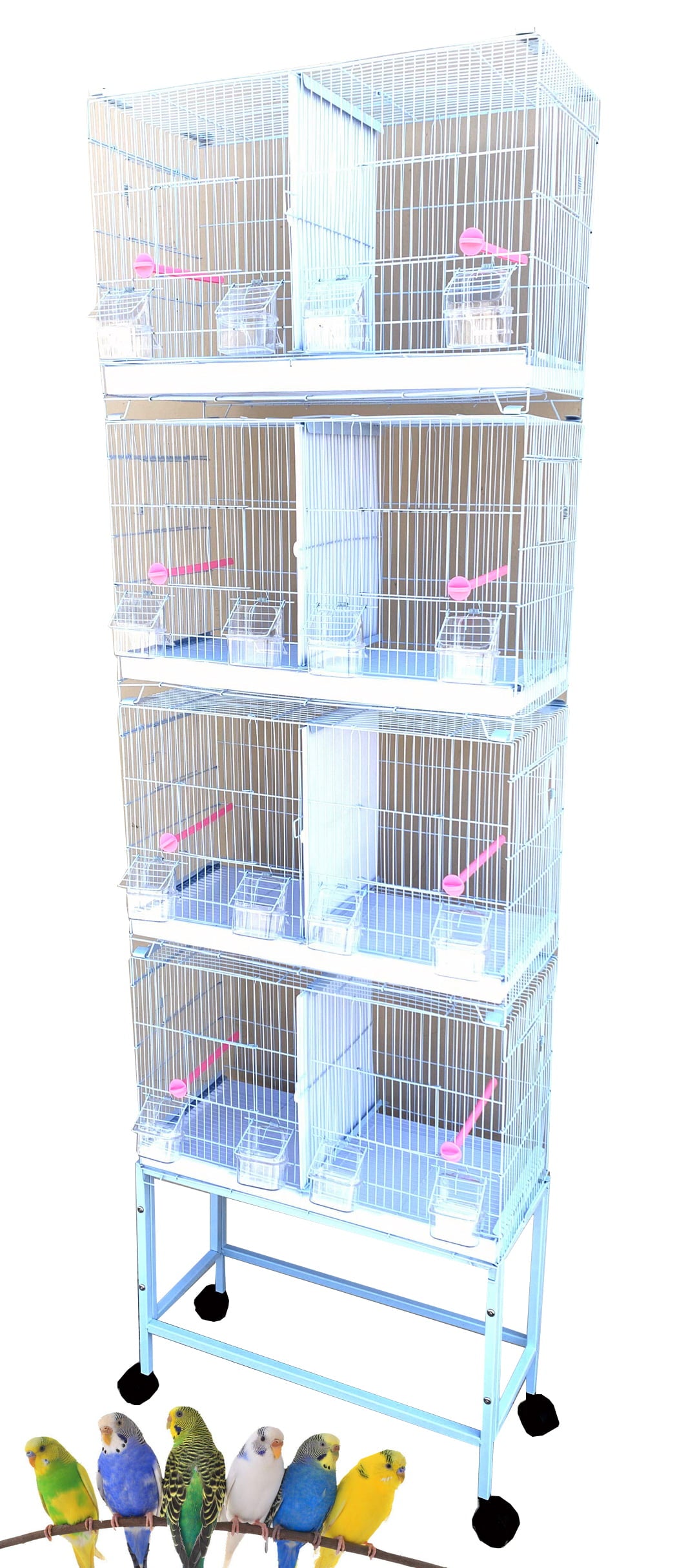 Combo-4 Stack and Lock Double Breeding Breeder Flight Aviary Canary Budgie Bird Quail Cage with Center Wire and Solid Dividers Breeding Nest Doors Rolling Stand