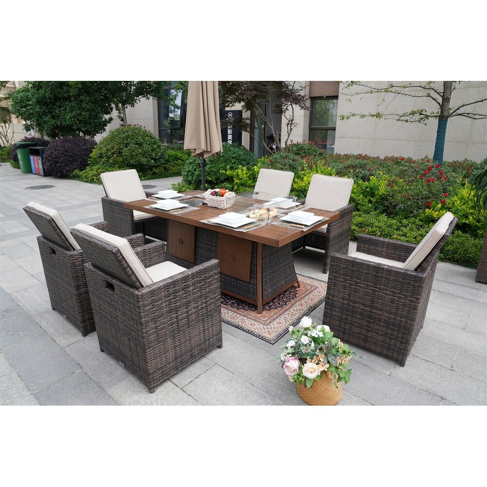 Brown Garden Patio Rectangular Dining Set With Gas Firepit And Ice Bucket and Ottomans