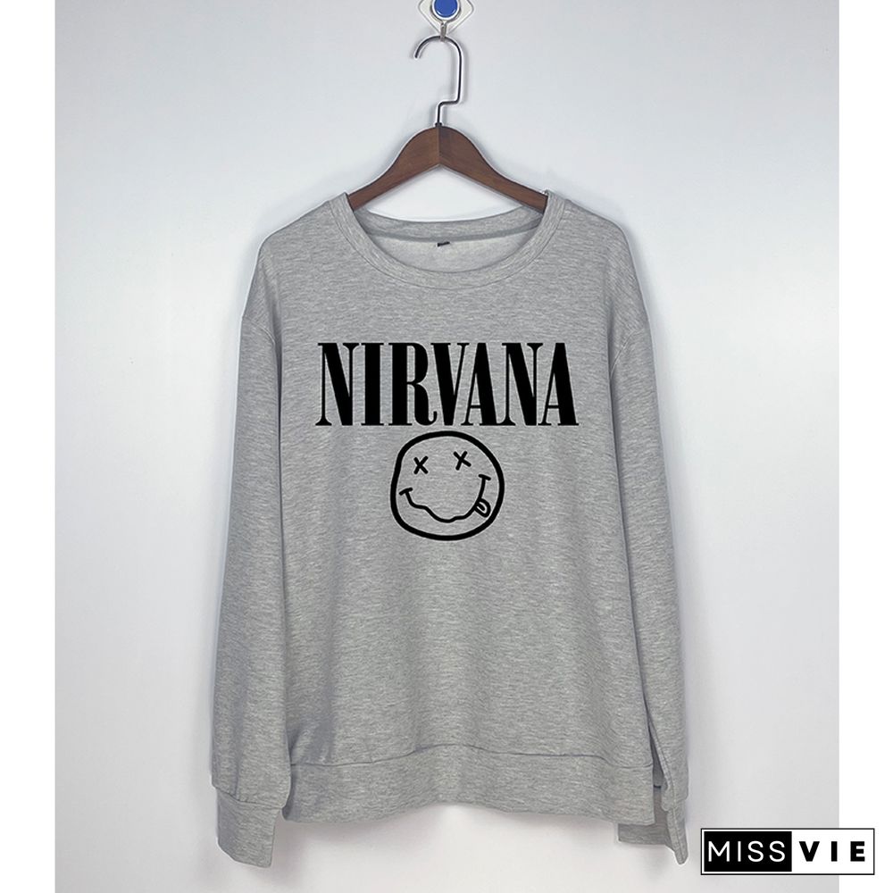 Nirvana Smiley Print O-neck Long Sleeve Sweatshirts Women Wholesale