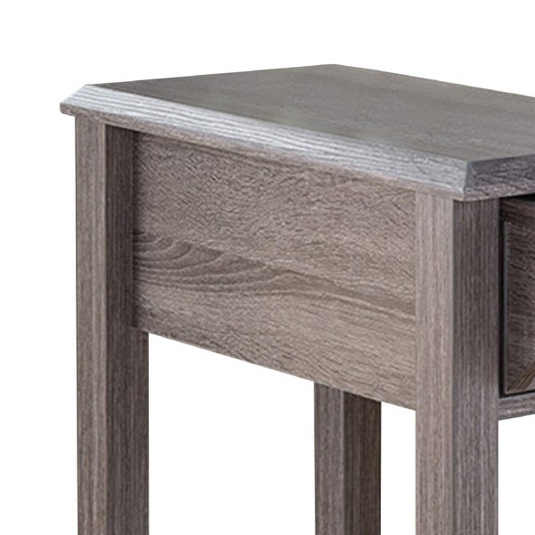 24 Inch Wood Chairside End Table， 1 Drawer， 2 Cupholders， Distressed Gray