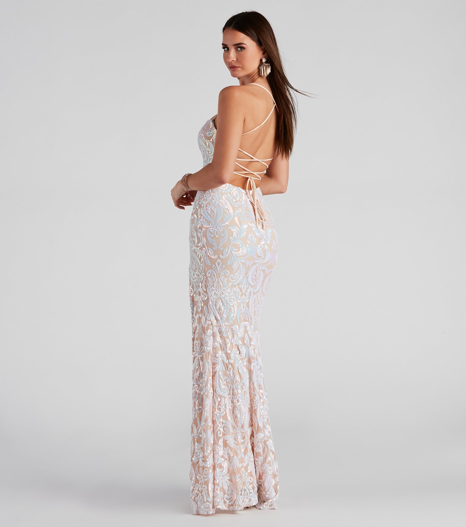 Priya Formal Iridescent Sequin Scroll Dress