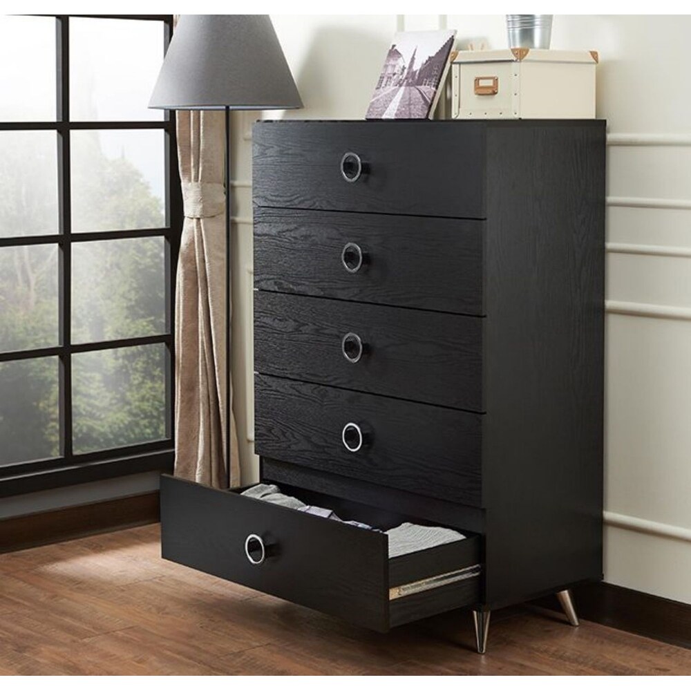 Wood 5 Drawers Chest in Black