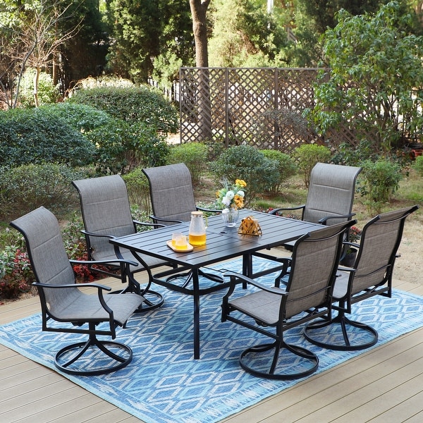 MAISON ARTS 7/8 Pieces Patio Dining Set，Rectangular Black Metal Table with 6 Padded Textilene Fabric Swivel Chairs