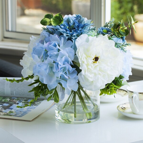 Enova Home Artificial Mixed Silk Peony and Hydrangea Fake Flowers Arrangement in Clear Glass Vase for Home Decor (Cream Blue)