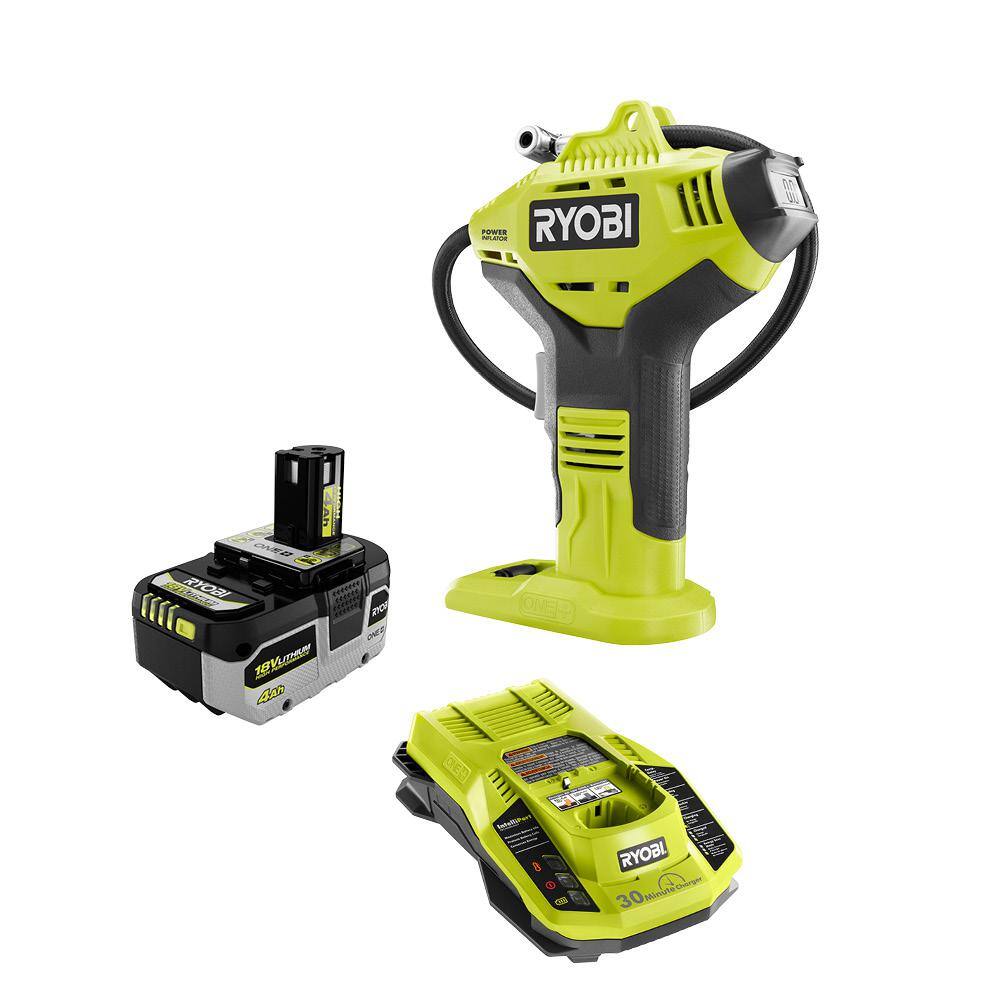 RYOBI ONE+ 18V Cordless High Pressure Portable Inflator with Digital Gauge with HIGH PERFORMANCE 4.0 Ah Battery and Charger P737D-PSK004