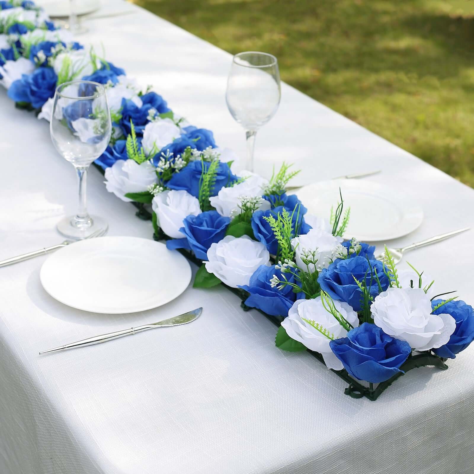 6 Pack White Royal Blue Silk Rose Flower Panel Table Runner, Artificial Floral Arrangements Dining Table Decor - 20