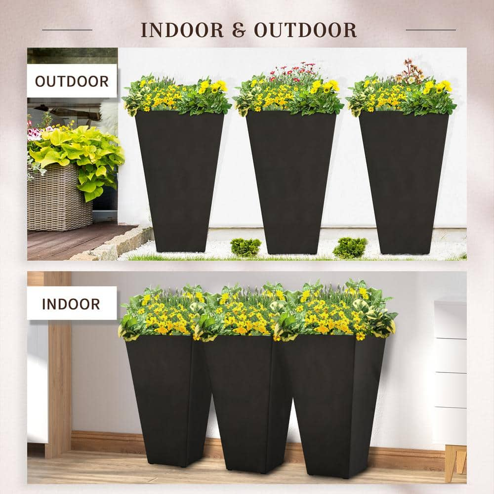 Sudzendf 28 in. Black Polypropylene Outdoor Flower Pots Tall Planters with Drainage Hole Set of 3 3832W4494