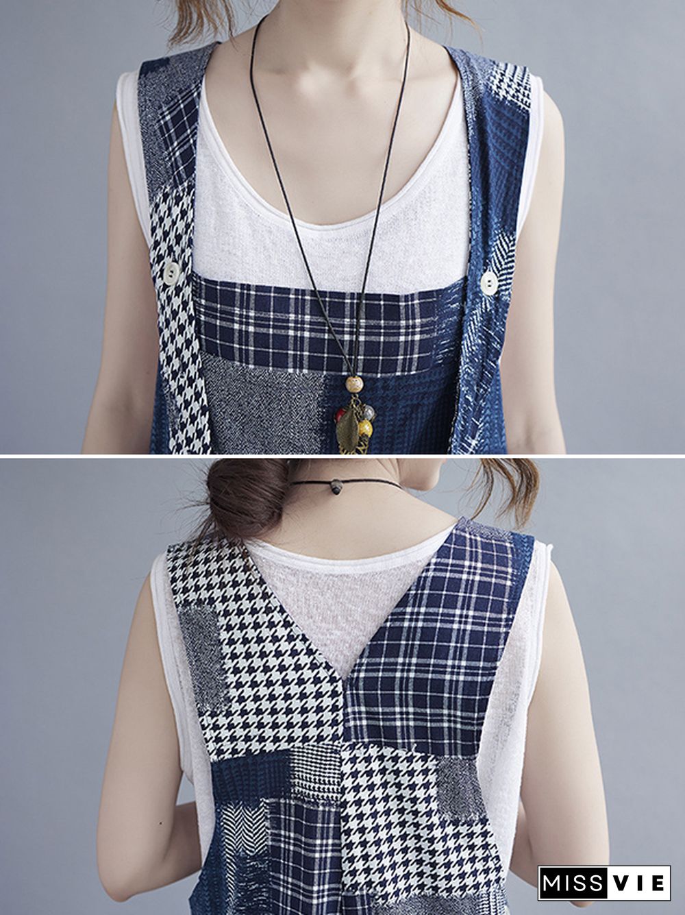 Artistic Retro Plaid Square-Neck Sleeveless Overalls