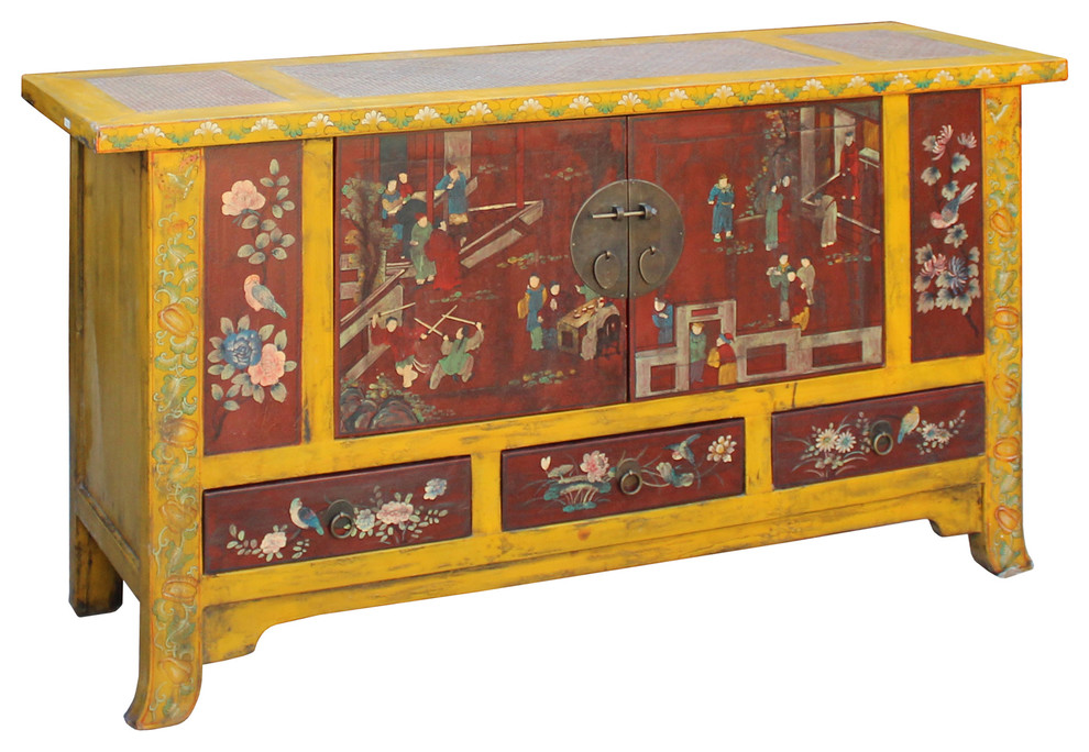 Chinese Distressed Yellow Rattan Scenery Graphic Console Table Cabinet Hcs4559   Asian   Console Tables   by Golden Lotus Antiques  Houzz